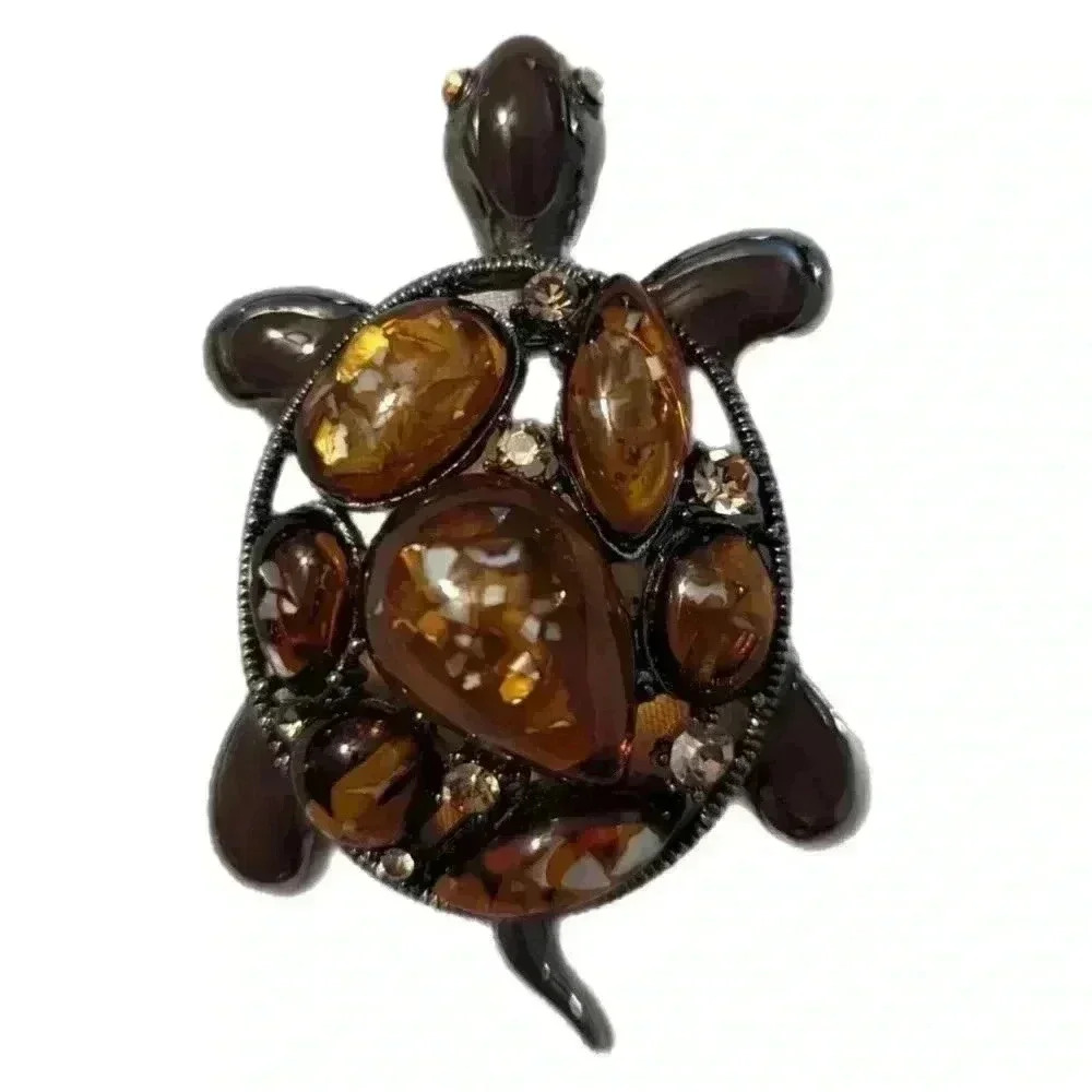 Vintage statement piece High End Domed Amber Rhinestone Turtle Brooch
